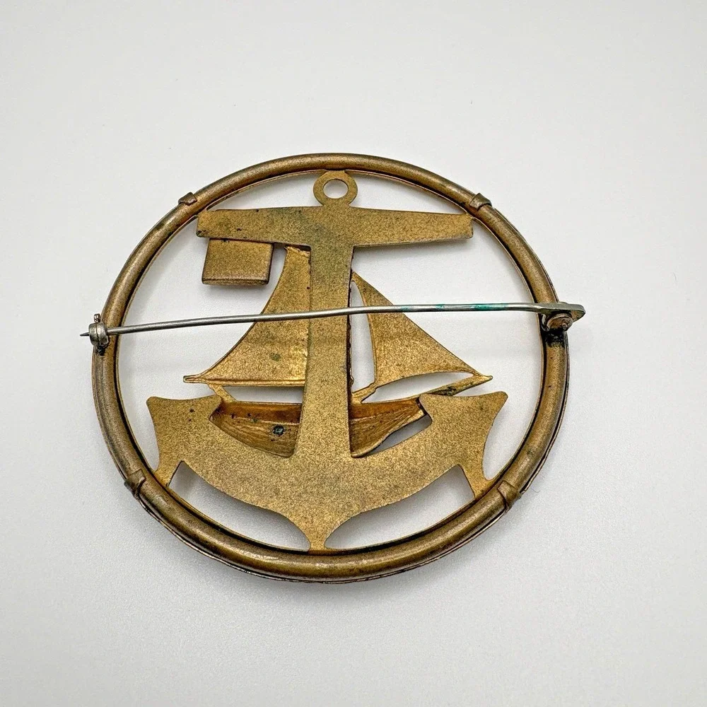 Vintage Sailboat Brooch Anchor Nautical Sail Enamel Ocean Seas Gold Tone READ